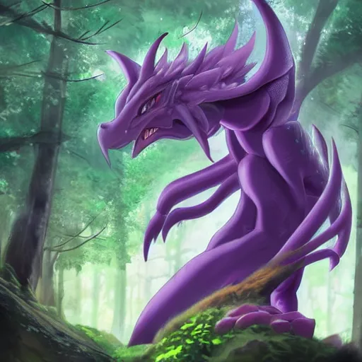 Prompt: concept art painting of an anthropomorphic purple anime anthro dragon, in the deep forest, realistic, detailed, cel shaded, in the style of makoto shinkai and greg rutkowski and james gurney