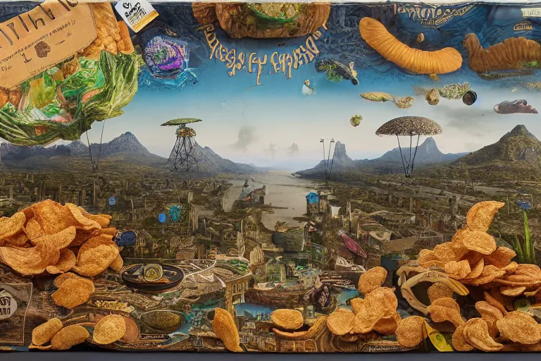 Image similar to a surreal and awe - inspiring bag of crisps on a table, intricate, elegant, highly detailed matte painting by ernst haeckel and simon stalenhag