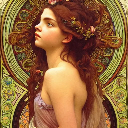 Image similar to detailed portrait art nouveau painting of the goddess of the sun, backlit, who resembles Anya Taylor Joy, Chloe Grace Moretz, and Emma Watson with anxious, piercing eyes, by Alphonse Mucha, Michael Whelan, William Adolphe Bouguereau, John Williams Waterhouse, and Donato Giancola