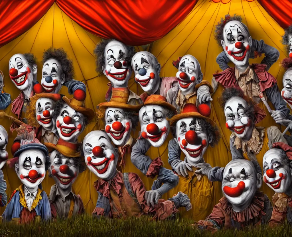 Image similar to dirty - looking clowns with unseemly intentions lining up at the entrance to a suspicious circus tent, disturbing digital painting, high detail