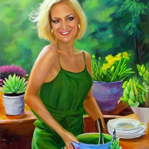 Image similar to painting by Tony Sart of a beautiful blonde woman with shoulder length hair in a forest green dress putting colorful succulents into rainbow pots at a square table