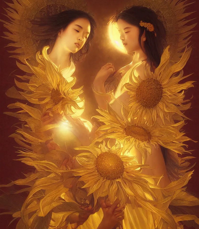 Image similar to sacred sunflowers, chinese goddess, emiting mystical light, intricate, elegant, highly detailed, my rendition, digital painting, artstation, concept art, smooth, sharp focus, radiant light, illustration, art by artgerm and greg rutkowski and alphonse mucha