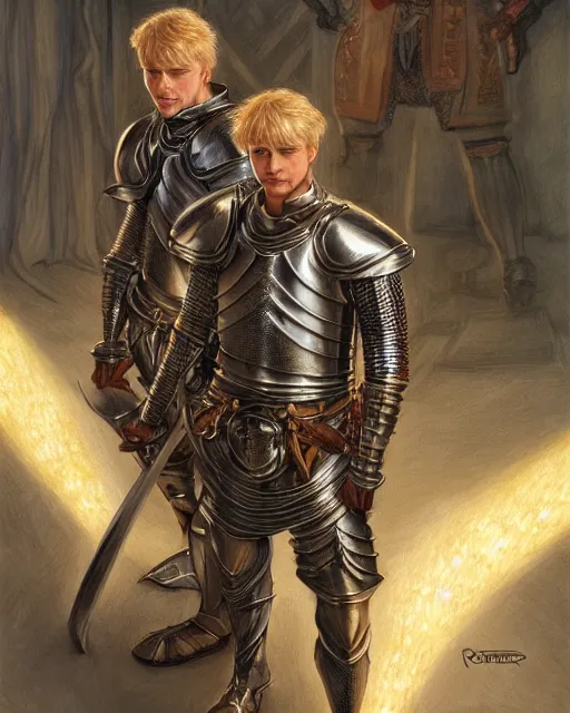 Image similar to attractive arthur pendragon confesses his love for his attractive male knight, highly detailed, very intricate, cinematic lighting, by donato giancola and rossdraws and magali villenueve, featured on artstation