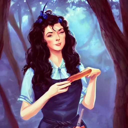 Image similar to a portrait of a 1 9 6 0 s woman with curly black hair and blue eyes, and an apron in the forest, dynamic lighting, fantasy concept art, trending on art station, stunning visuals, cinematic, ultra detailed