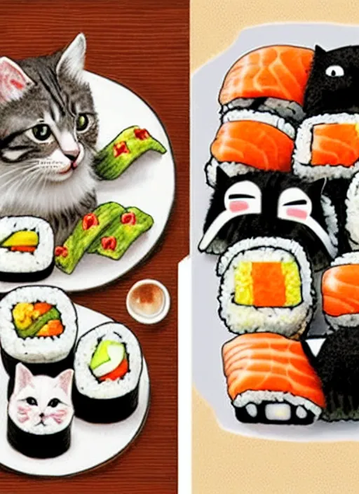 Image similar to clear photorealistic picture of adorable cats made out of sushi