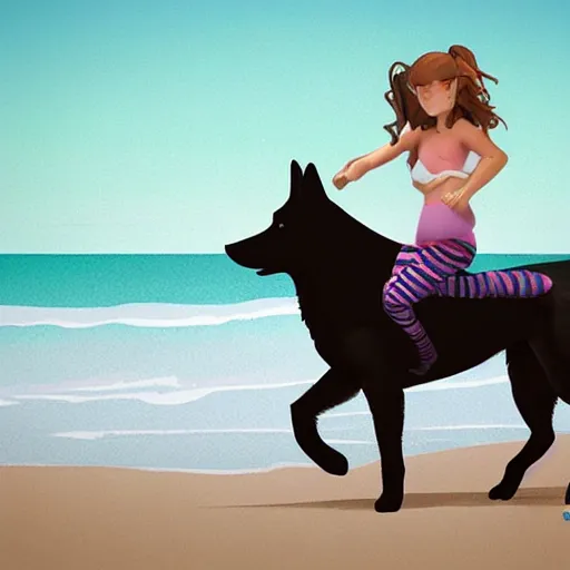 Image similar to girl riding a giant German shepherd at the beach, trending on artstation