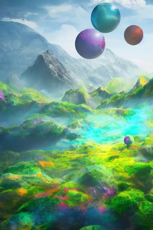 Prompt: cgi fantasy dream land expanse, abstract renders, beautiful vibrant implausible landscapes, mountains, bubbly, floating islands, vibrant forests, digital art, 8 k dop dof hdr