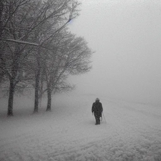 Image similar to photo of kansas flint hills covered in ice and snow, during a snowstorm. a old man in a trench coat and a cane appears as a hazy silhouette in the distance, looking back over his shoulder. cold color temperature. blue hour morning light, snow storm. hazy atmosphere. humidity haze. kodak ektachrome, greenish expired film, award winning, low contrast.