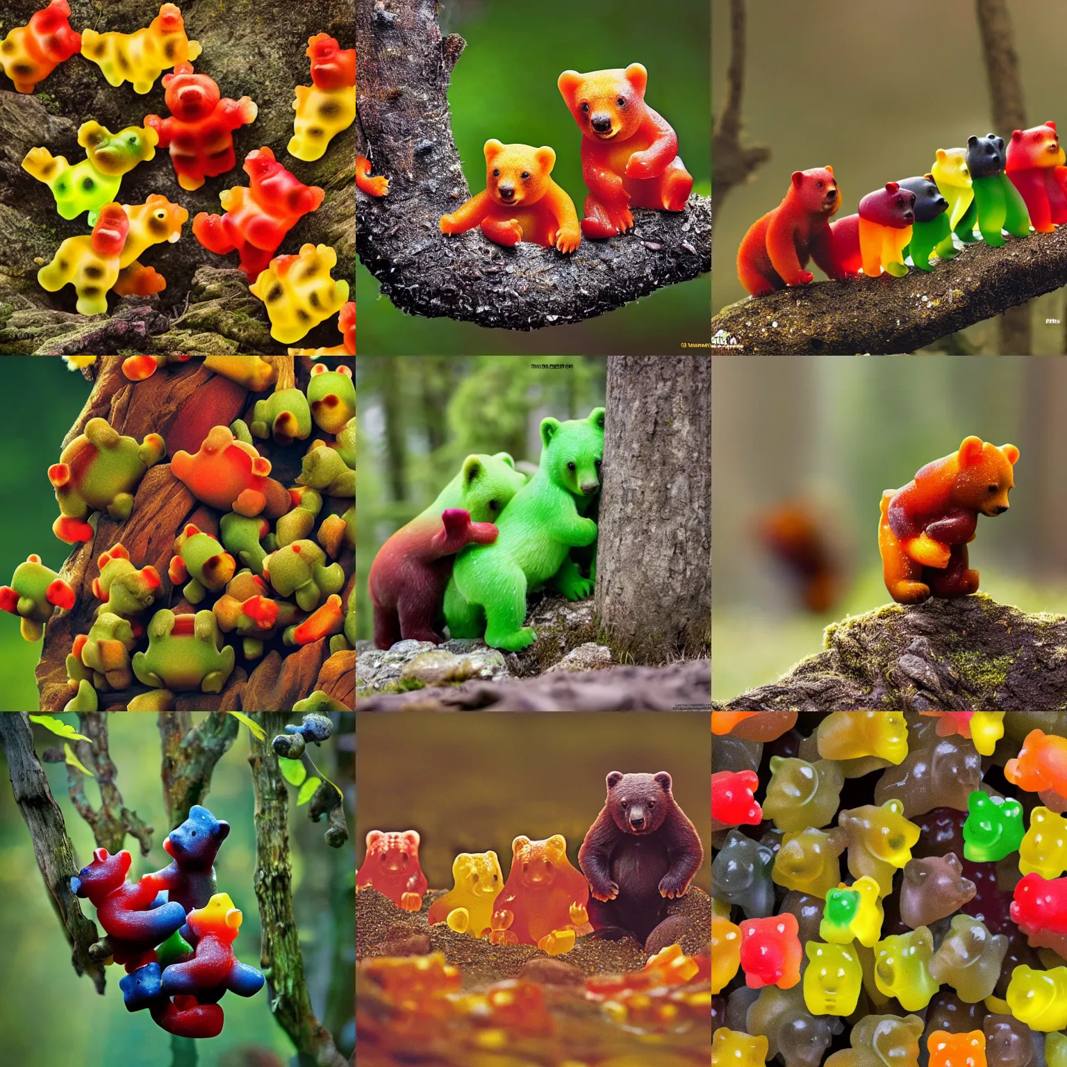 Prompt: national geographic photo of wild gummy bears. wildlife photography.
