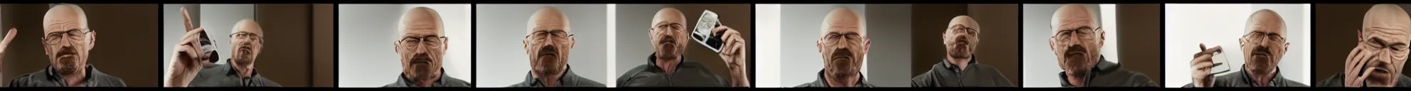 Prompt: 8 progressing frames from a video of walter white throwing a phone