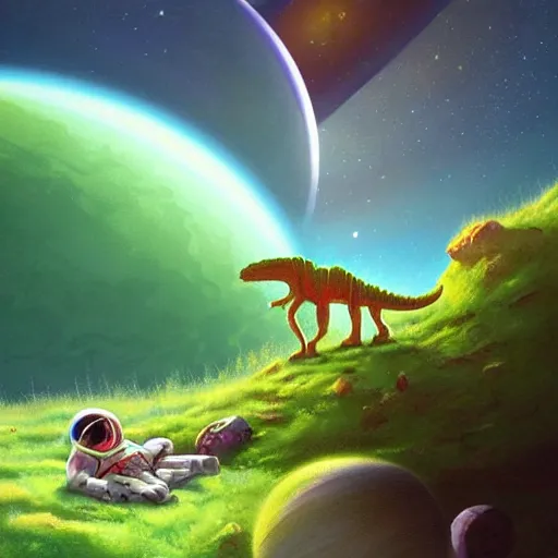 Prompt: Astronauts are having a picnic with green aliens and some dinosaurs on saturn's ring and saturn is as background, by Jordan Grimmer digital art, trending on Artstation,