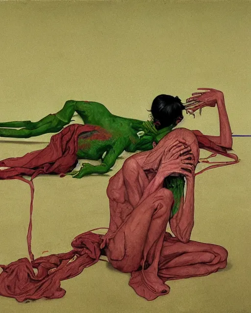 Prompt: Two skinny exhausted figures wearing gas masks, draped in silky gold, green and pink, inside a decaying hospital room, outside a storm rages, world on fire, exasperated sadness, in the style of Francis Bacon, Esao Andrews, Zdzisław Beksiński, Edward Hopper, surrealism, art by Takato Yamamoto and James Jean