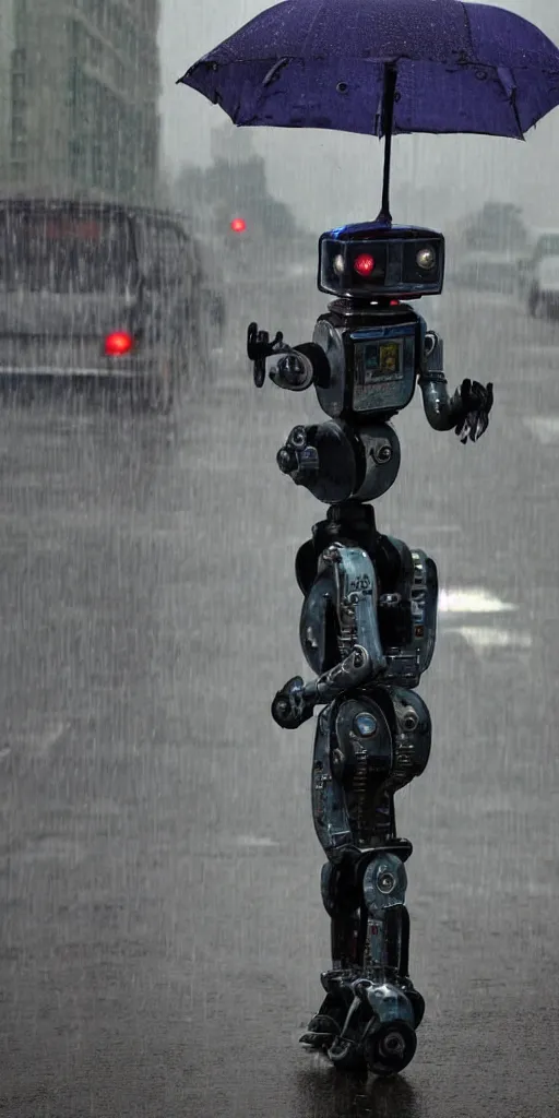 Prompt: robot on the road, city, photo, rain, rain, rain,