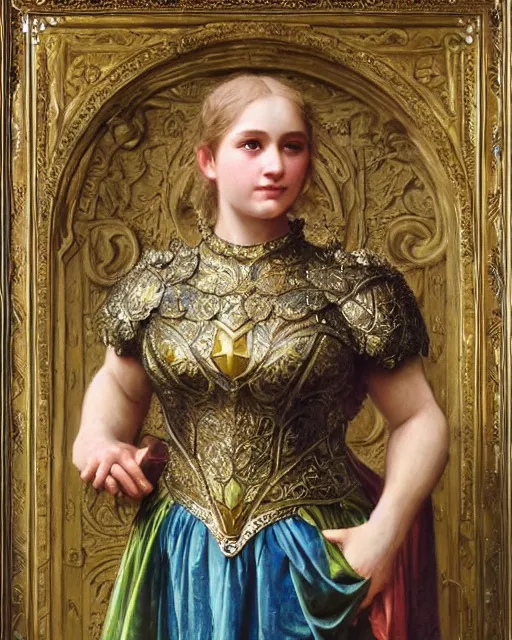 Prompt: Shrek, dressed in ornate, detailed, intricate iridescent opal armor, detailed oil painting by William Adolphe Bouguereau and Donato Giancola