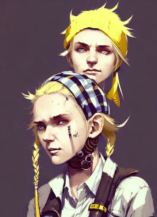 Image similar to highly detailed closeup portrait of a sewer punk pretty swedish female road warrior student, tartan garment, blonde hair pigtails with headband by atey ghailan, by greg rutkowski, by greg tocchini, by james gilleard, by joe fenton, by kaethe butcher, gradient yellow, black, brown and white color scheme, grunge aesthetic!!! white graffiti tag wall background