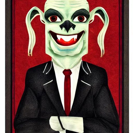 Image similar to charismatic goblin with little smile in suit, art on papyrus, symmetrical