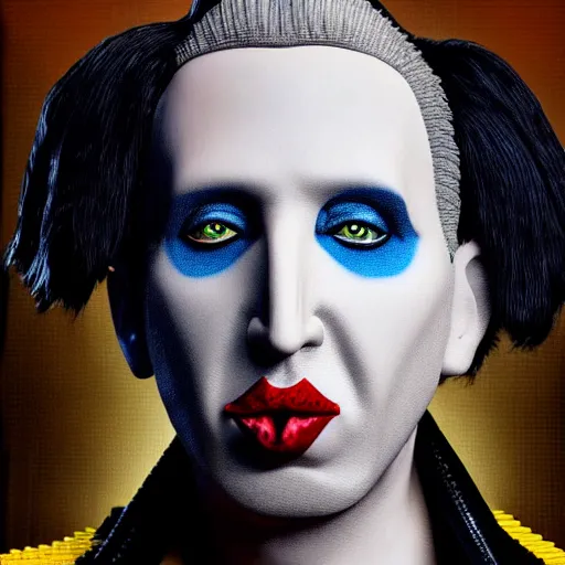 Image similar to photorealistic portrait of marilyn manson with body of lego toy, lego movie still, realistic 3 d render, 8 k