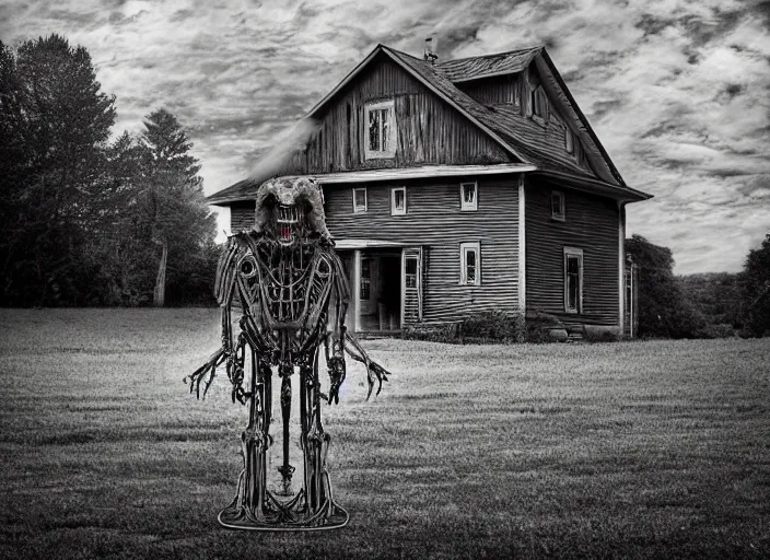 Prompt: an'angel'of the god - machine, a techgnostic eldritch horrific biomechanical entity creature, stands guard in front of a farmhouse in rural nova scotia. digital composite in the style of samuel araya. found footage aesthetic. hd video still image