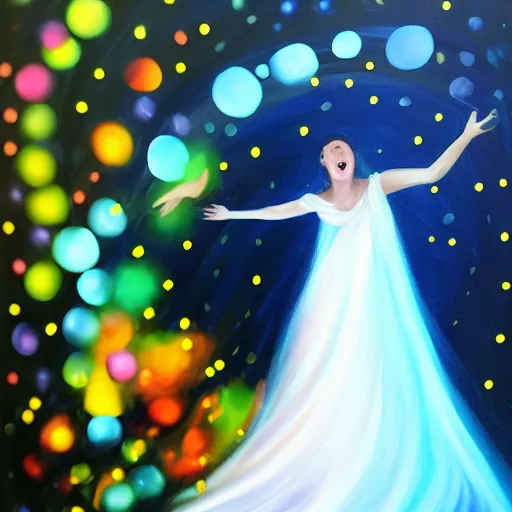 Prompt: a an ultra happy bridesmaid, majestic, disco balls, 8k resolution vivid painting trending on artstation Pill my face, still life A supersonic highway of light that allows you to drive