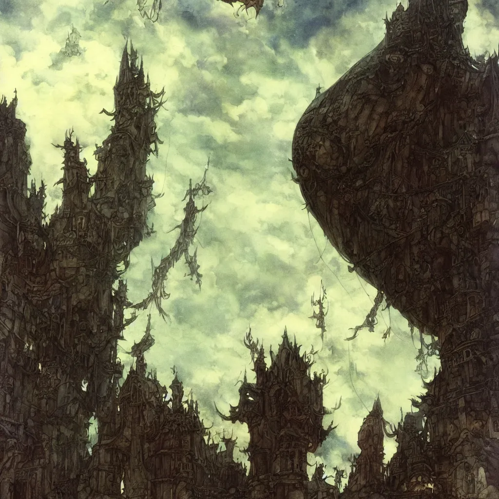 Prompt: Fantasy village, the inhabitant looking up at the sky. The sky is completely covered to the horizon by an incredibly huge airship-like ship. Extremely high detail, realistic, dark fantasy art, masterpiece, 8k, octane rendering, Arthur Rackham painting, art by Victoria Frances, Frank Frazetta.