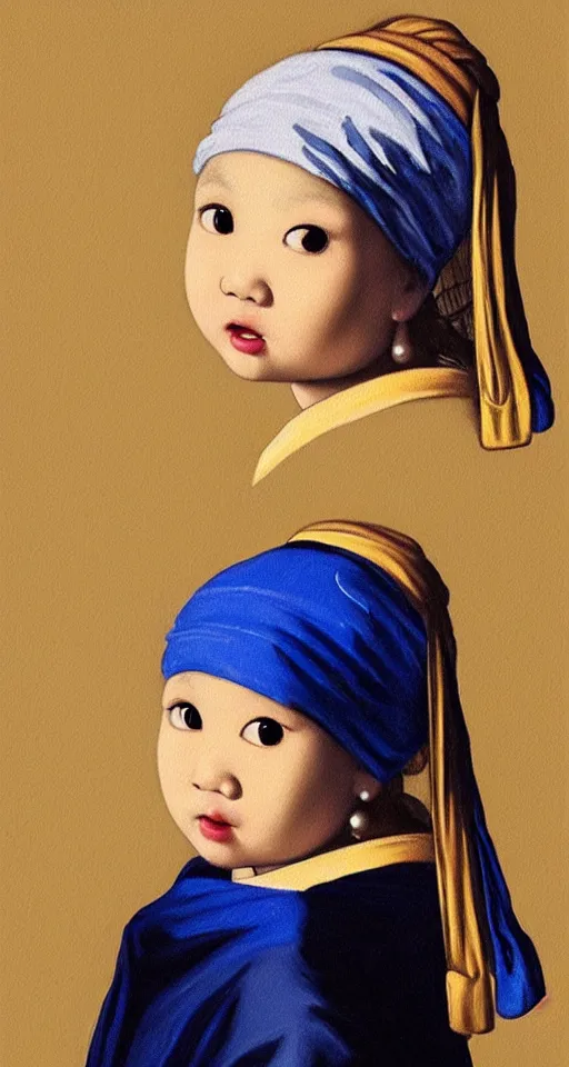 Prompt: A portrait of a lovely Asian baby girl imitating Girl with a Pearl Earring, realistic detailed oil painting, dark background, 4k,