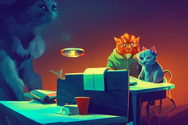 Image similar to a digital art of a godfather cat sitting by the desk, animal, light effect, highly detailed, by anton fadeev