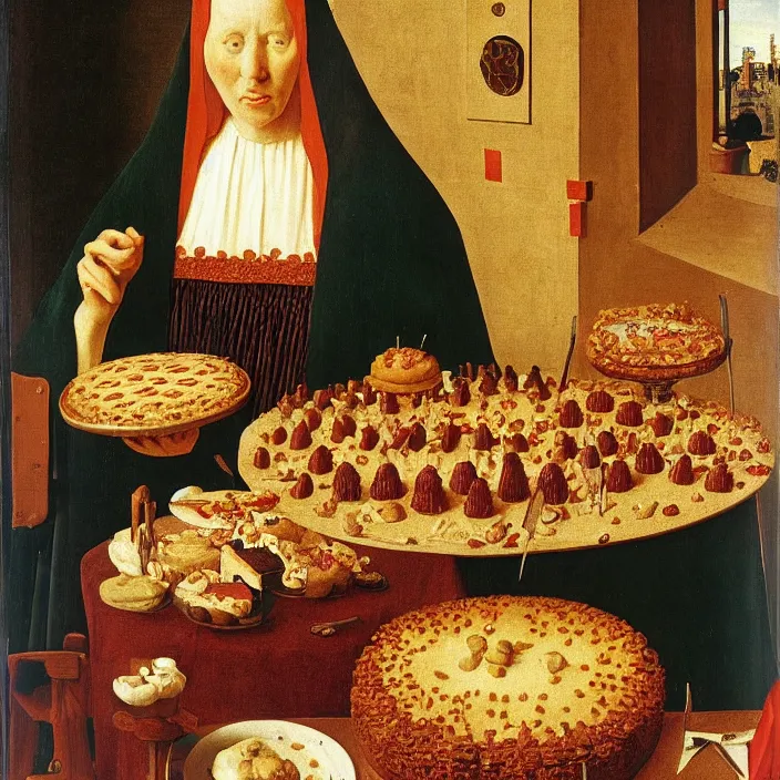 Image similar to a woman eating hundreds of cakes, by Jan van Eyck