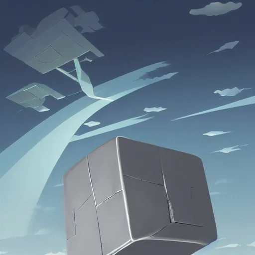 Image similar to an asymmetrical cell - shaded studio ghibli concept art study of a huge silver cube ufo in the sky. an elegant alien is on the ground. very dull colors,, hd, 4 k, hq