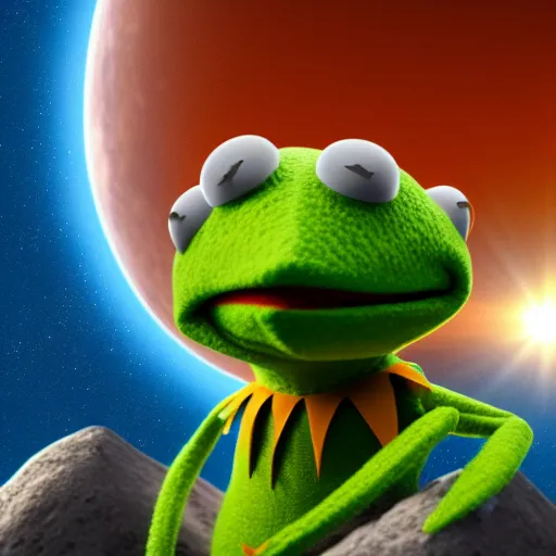Prompt: Kermit the Frog flying straight into the Sun, Earth far behind him, hyperdetailed, artstation, cgsociety, 8k