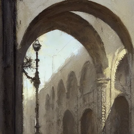 Prompt: painting of simple arch, brown, grey, by jeremy mann and greg rutkowski, intricate cinematic light, oil on canvas