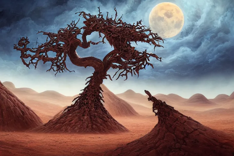 Image similar to cinematic fantasy landscape painting, primordial and cosmic, desert valley of bones, an eclipse, over an autumn maple bonsai growing alone that is yggdrasil, on a desolate sand dune in front of a primordial mountainous desert landscape of bones by and jessica rossier and hr giger, cinematic lighting