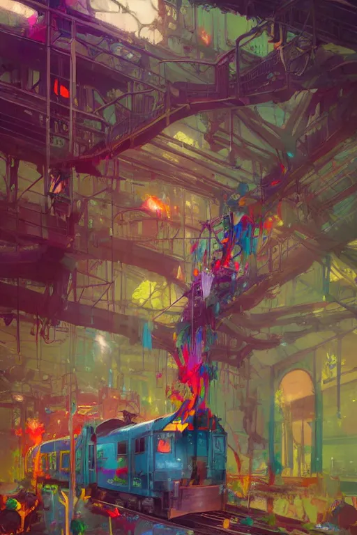 Image similar to trains covered colorful graffiti with paint drip, greg rutkowski, and moebius and loish and artgerm, painterly, illustration, backlit, beautiful artist rendering, gorgeous, masterpiece