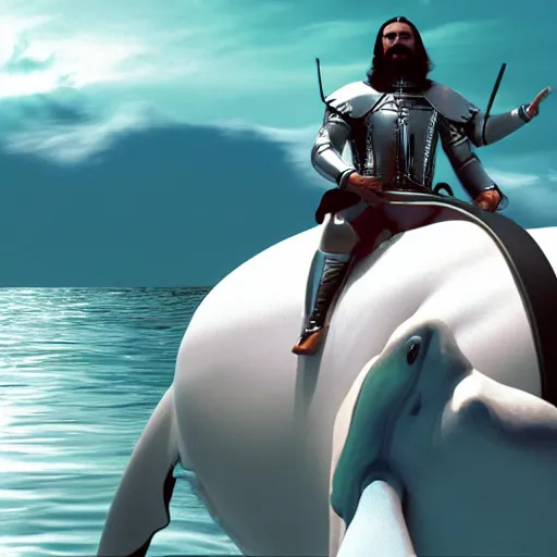 Image similar to Conquistador on Saturn riding a beluga whale, hyper-realistic, cinematic, 4k, render