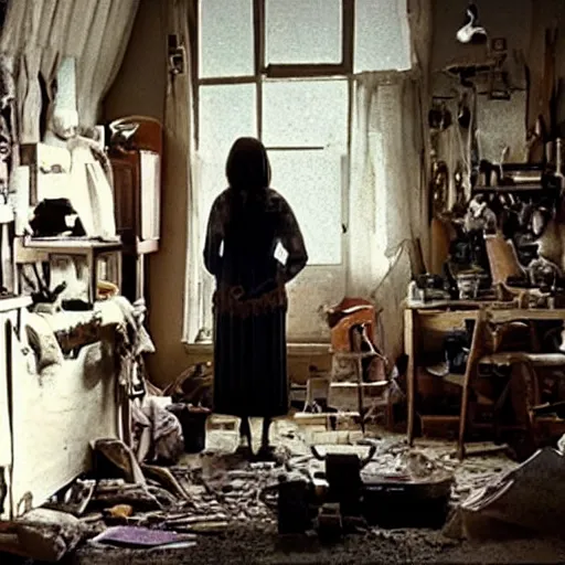 Prompt: a woman with adhd - ip stands in her messy house. folk horror. detailed