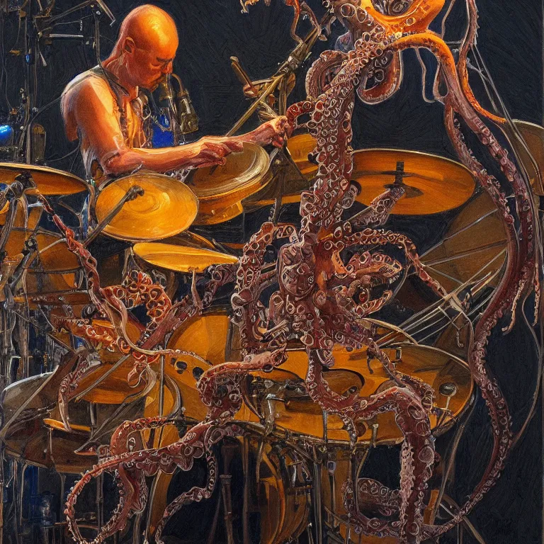 Image similar to a beautiful painting by donato giancola of an octopus playing drums and telecaster guitar in an electronic concert, dark background, concert light, dark mood, warm lights