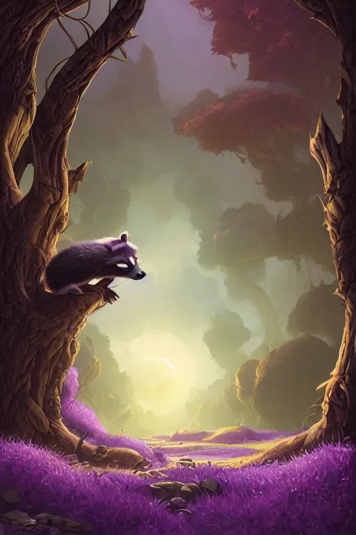 Image similar to purple stelar raccoon by andreas rocha and john howe, and Martin Johnson Heade, featured on artstation, featured on behance, golden ratio, f32, well composed, cohesive