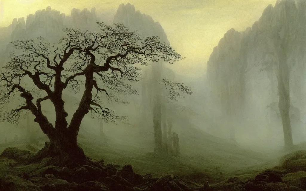 Prompt: valley of berchtesgarden, a gnarly old oak in a shroud of mist and ghosts, by caspar david friedrich