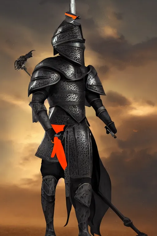 Image similar to a digital photograph of one african american knight in heavy black parmor with thin dull orange trim, wearing a black elegant cape flowing in the wind, the knight holds a black sword in one hand, riding a black horse with mechanized spiked armor, extremely detailed, extremely realistic, no bodily flaws, unreal engine, concept art, 8 k