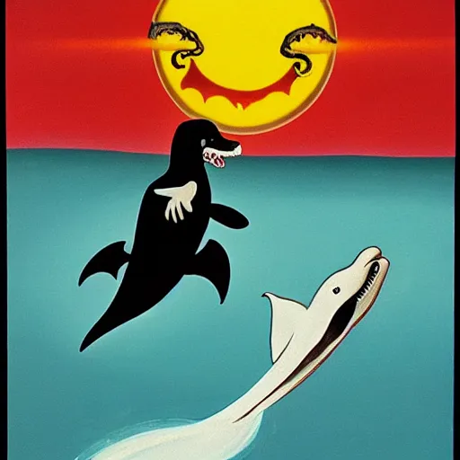 Image similar to the grim reaper riding a dolphin that is jumping over a rainbow, by tex avery,