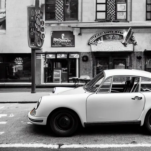 Prompt: An old porsche parked in front of a cafe in NYC, vintage photo, DSLR, black and white, close-up