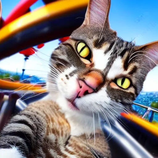 Prompt: selfie of an excited cat riding a roller - coaster, wide angle, highly - detailed realistic