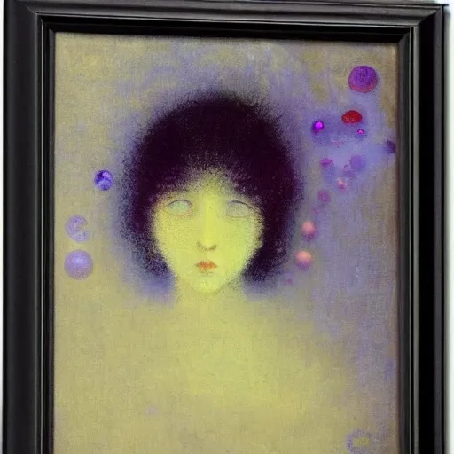 Image similar to a girl with three eyes on 5 translucent luminous spheres, full of floral and berry fillings, in an ocean of lavender color by odilon redon