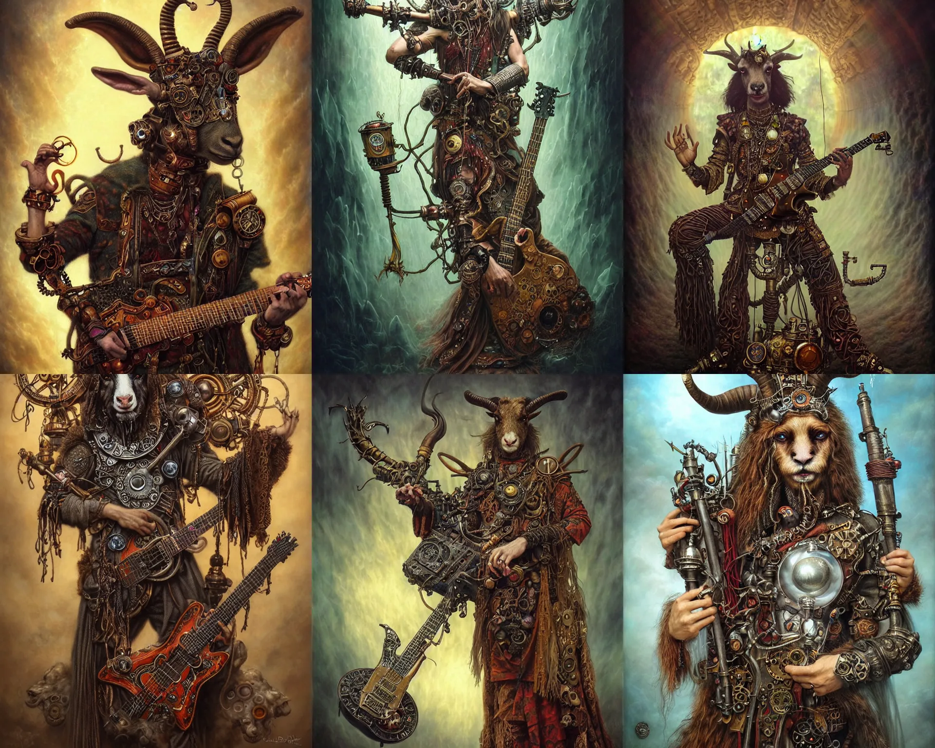 Prompt: pagan goat headed druid with huge steampunk electric guitar and hookah pipes, psychedelic closed eyes, highly detailed, godly proportions, intricate by dave dorman tom bagshaw and alex gray dramatic lighting, dark, atmospheric, fantasy, painted, wicca well composed, best on artstation, cgsociety, epic, stunning, gorgeous, intricate details, wow, masterpiece