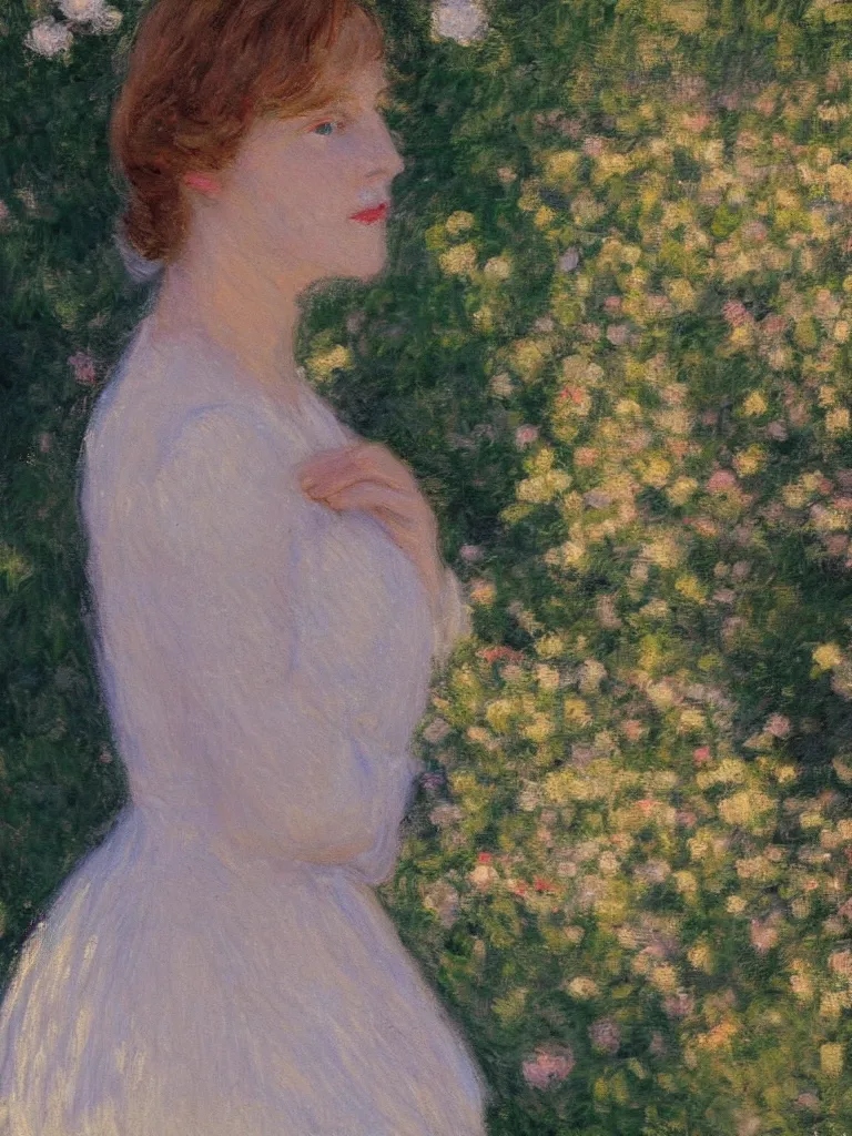 Image similar to portrait of < zelda fitzgerald > as a beautiful young lady, blurry face, fair, slim, fair, severe out of focus, depth of field, pleinairism, in the sun, backlit, closeup, oil on canvas, atr by monet, in the style of le promenade, smooth, impressionnisme, 8 k