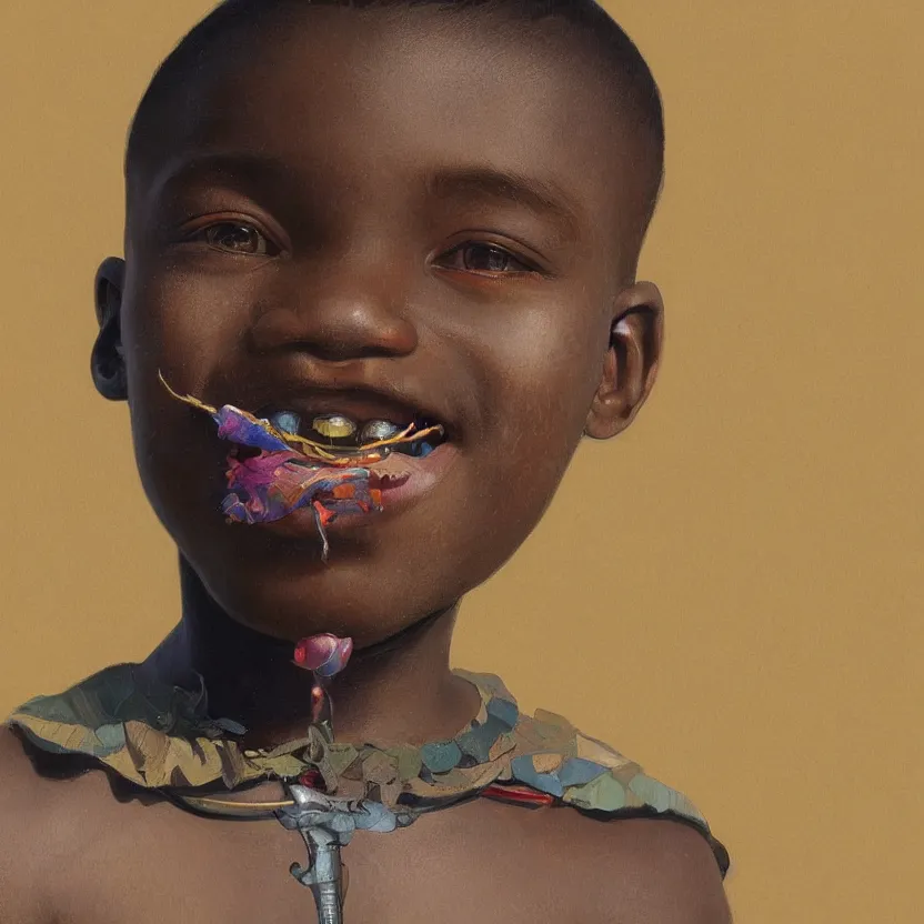 Image similar to colourful upper half portrait of an african boy with sliver teeth grillz, art by hsiao - ron cheng & alphonse mucha, highly detailed, digital painting, ray tracing, concept art, illustration, smooth sharp focus, intricate, symmetry, artstation,