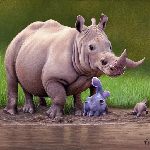 Prompt: animal friends baby hippo and baby rhino playing together in the mud detailed painting 4k in the style of mark brooks