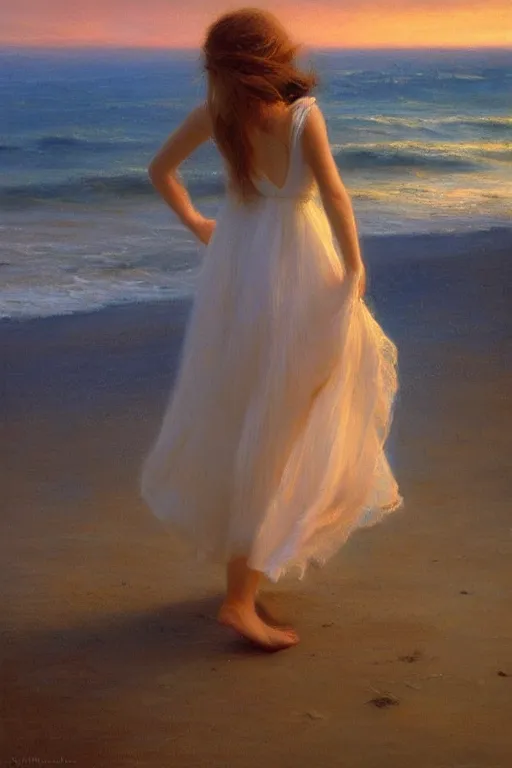 Prompt: A girl dancing on the seashore at sunset, by Vicente Romero Redondo