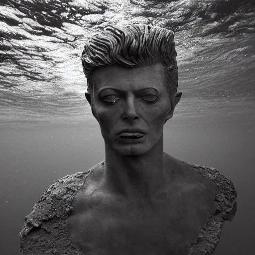 Image similar to Award-winning photograph by Mar Mann. The photo depicts a decaying roman bust of David Bowie overgrown with moss at the bottom of the sea in the middle of ruins of civilization. Minimalism, high definition, perfect composition. Deep sea picture. Very dark. Volumetric Lighting. Fish. Darkness. Ruins