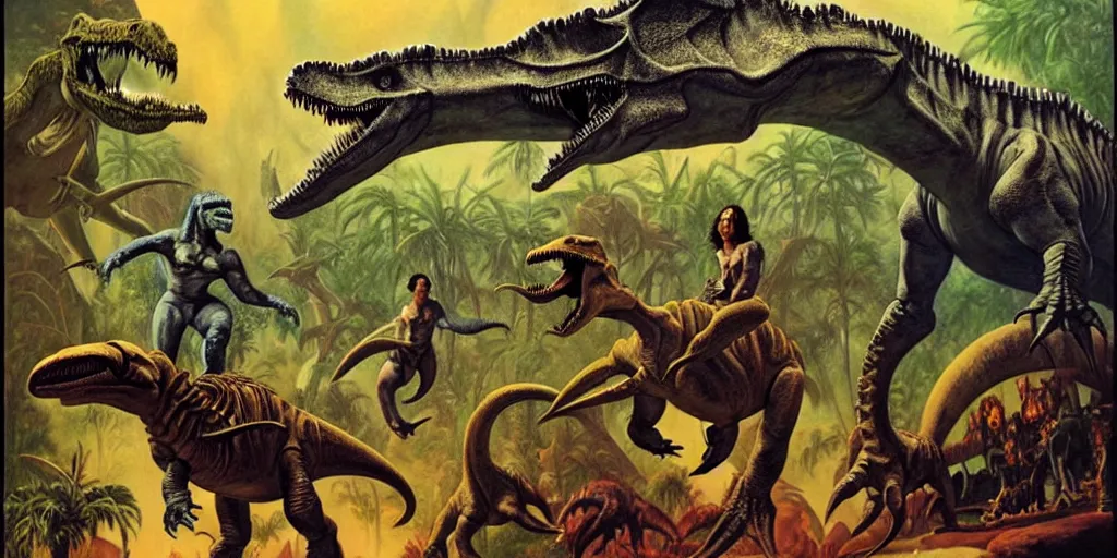 Image similar to metalheads riding dinosaurs in the space jungle, boris vallejo style, lord of the rings