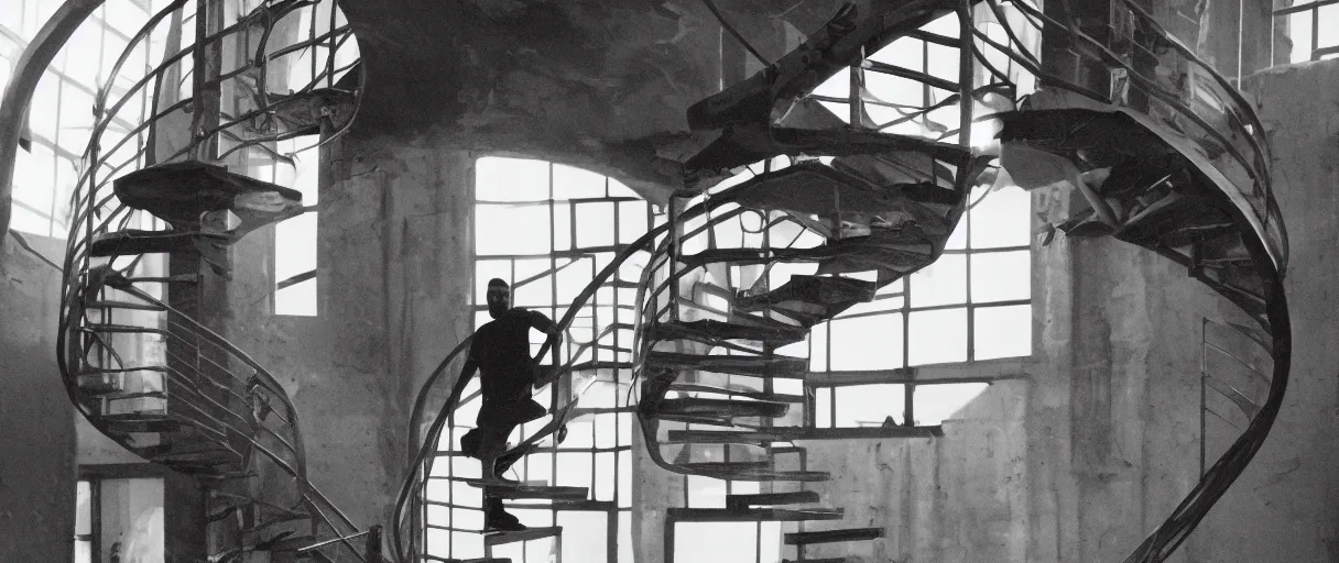 Prompt: frank ocean building a spiral staircase in the centre of the room, inside of a warehouse, greyscale,